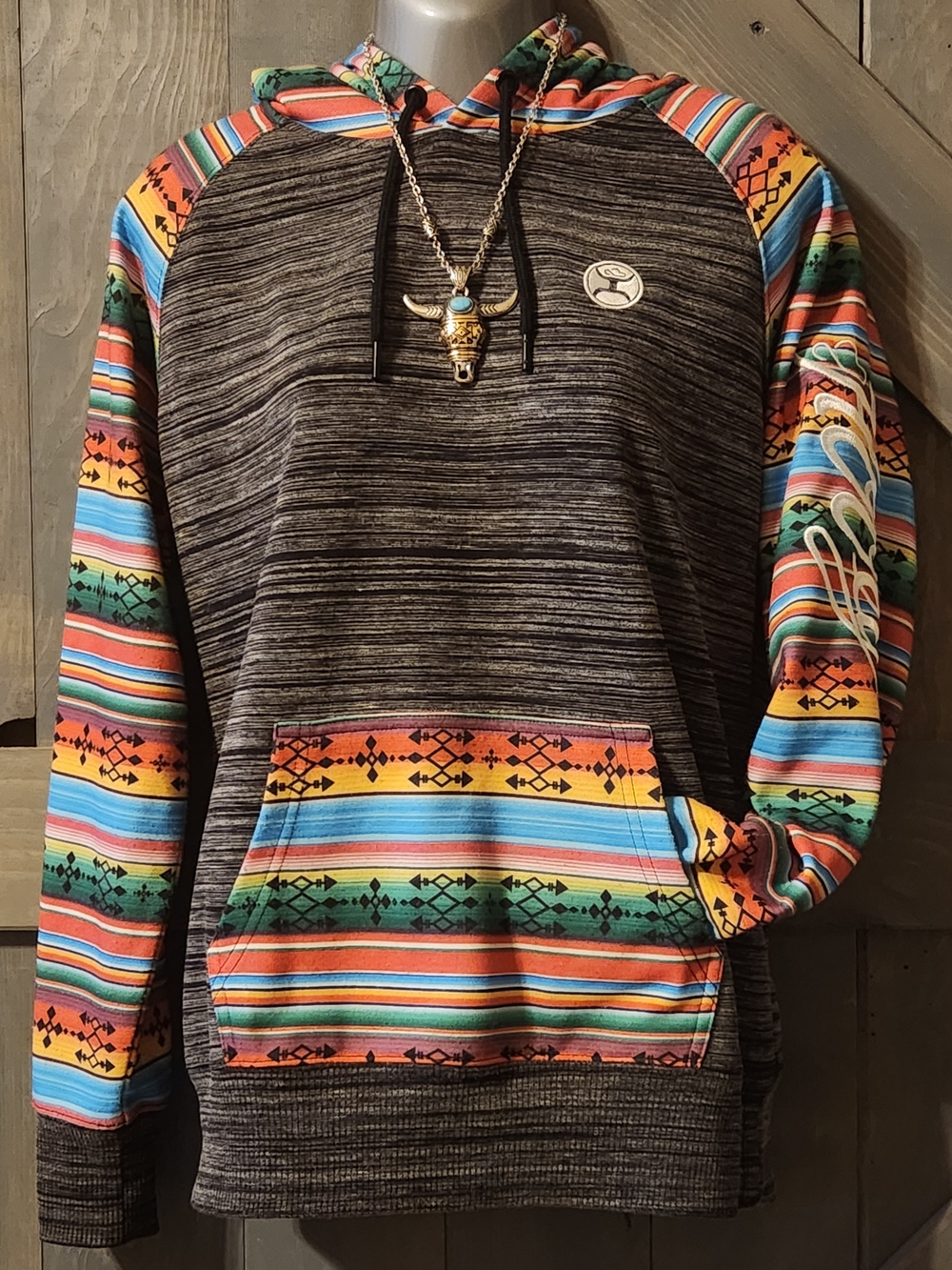 Hooey Women's Black Heather Pullover Hoodie with Multicolor Aztec Sleeves